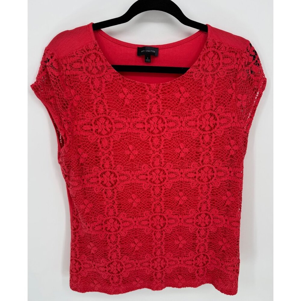 The Limited Womens Red Crochet Front Short Sleeve Top